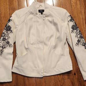 G by Giuliana Ivory Faux Leather Moto Jacket Floral Beaded Sleeves Size 12